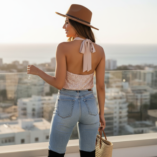 Lifestyle photo of Saphira Sequin Tie Back Halter Top