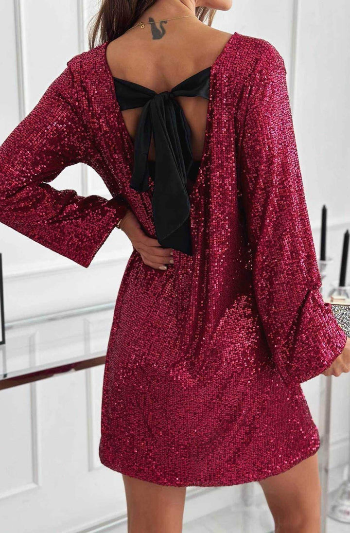 Meliora Sequin Bow-Back Long Sleeve Dress