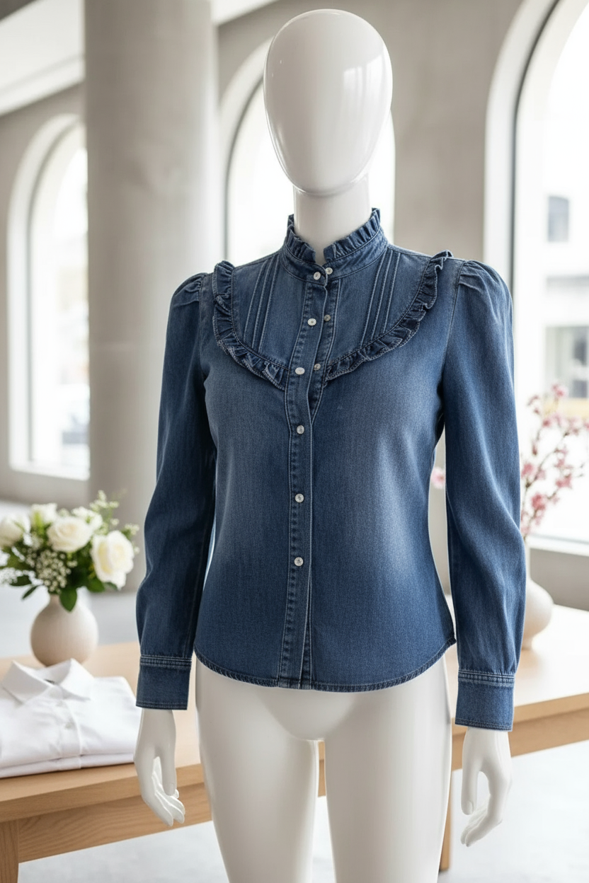 Darcie Denim Blouse in elegant setting